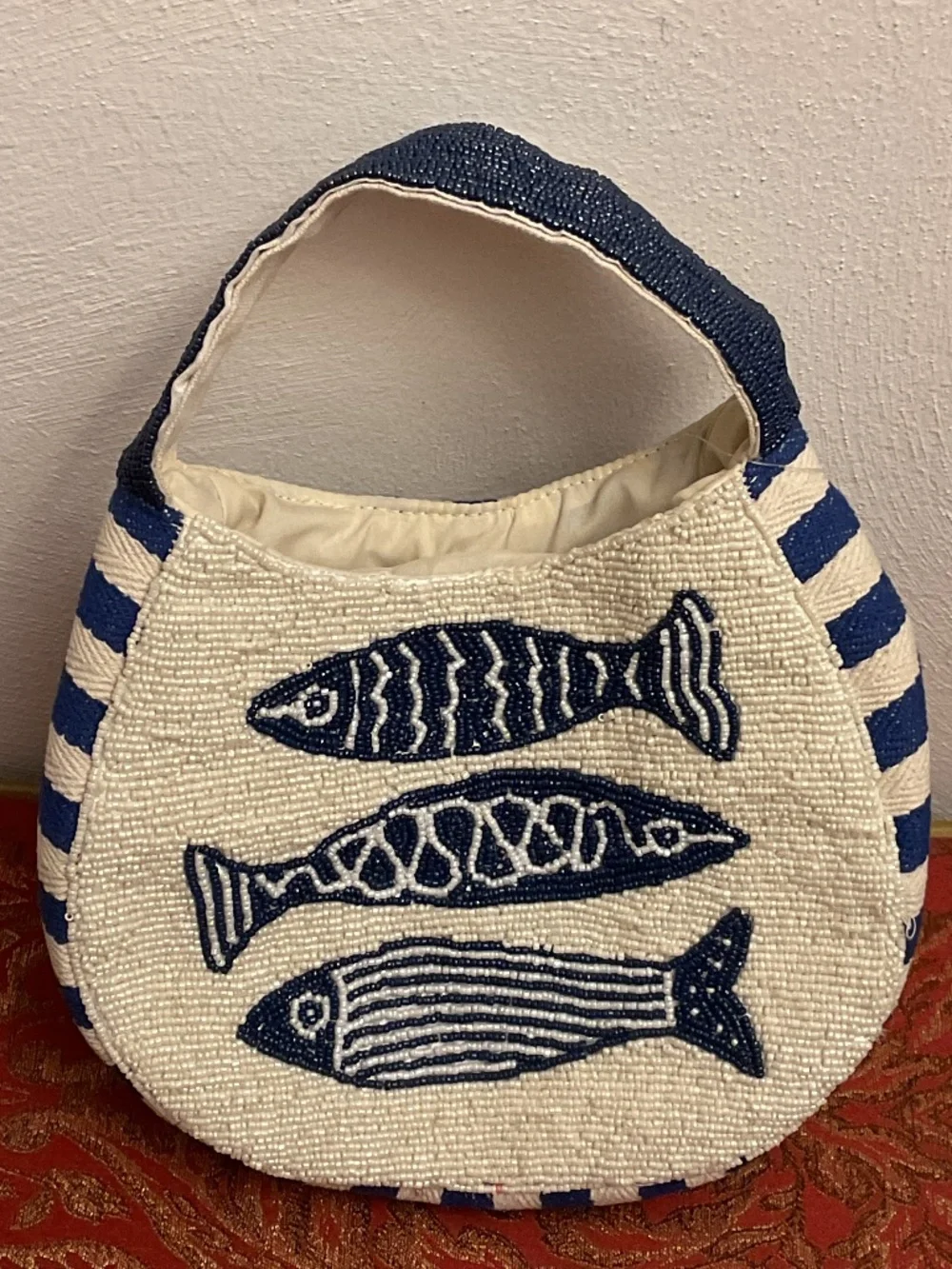 NWT Sardines Micro Beaded Blue White striped canvas Bag